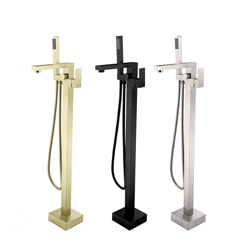 Floor Stand Brushed Gold Black Stainless Steel Bathtub Faucet Shower Set