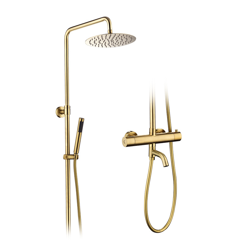 Brushed Gold Slim Round Brass Chrome Dual Control Thermostatic Shower Column Mixer Tap Set