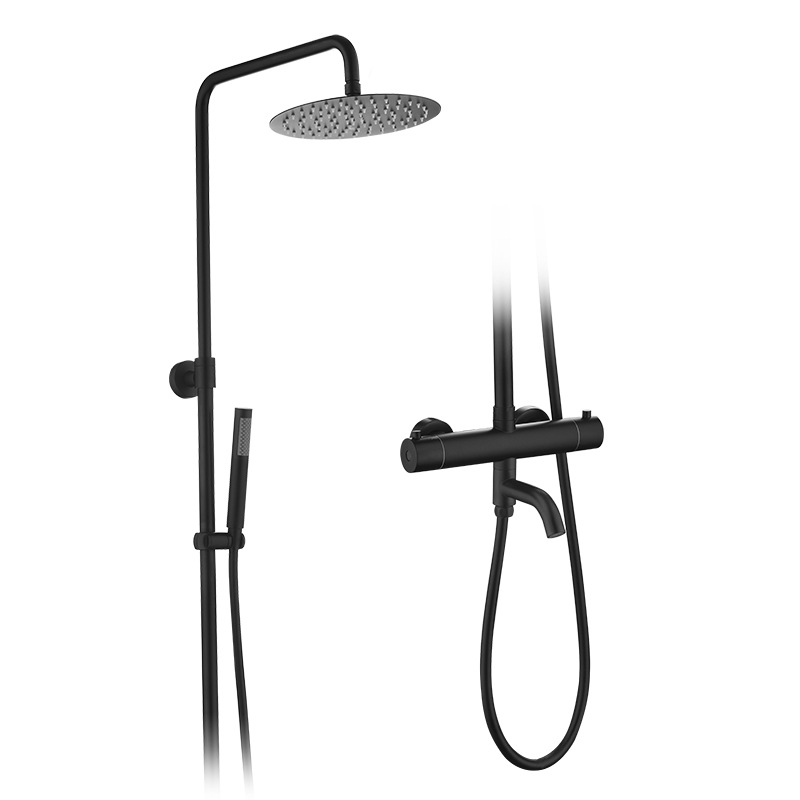 Matt Black Slim Round Brass Chrome Dual Control Thermostatic Shower Column Mixer Tap Set