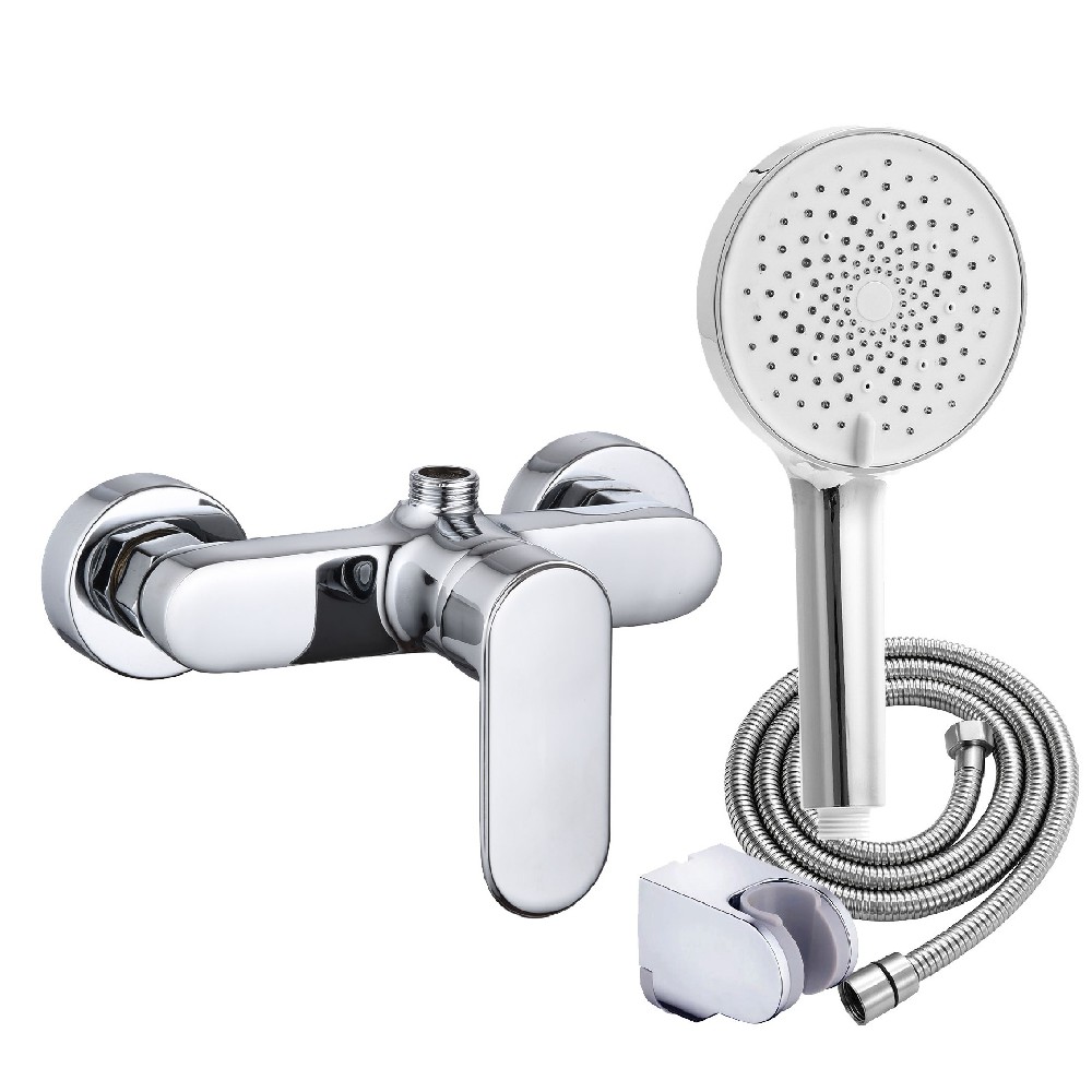 Chrome Wall-Mounted Shower Faucet Set with Handheld Showerhead and Hose