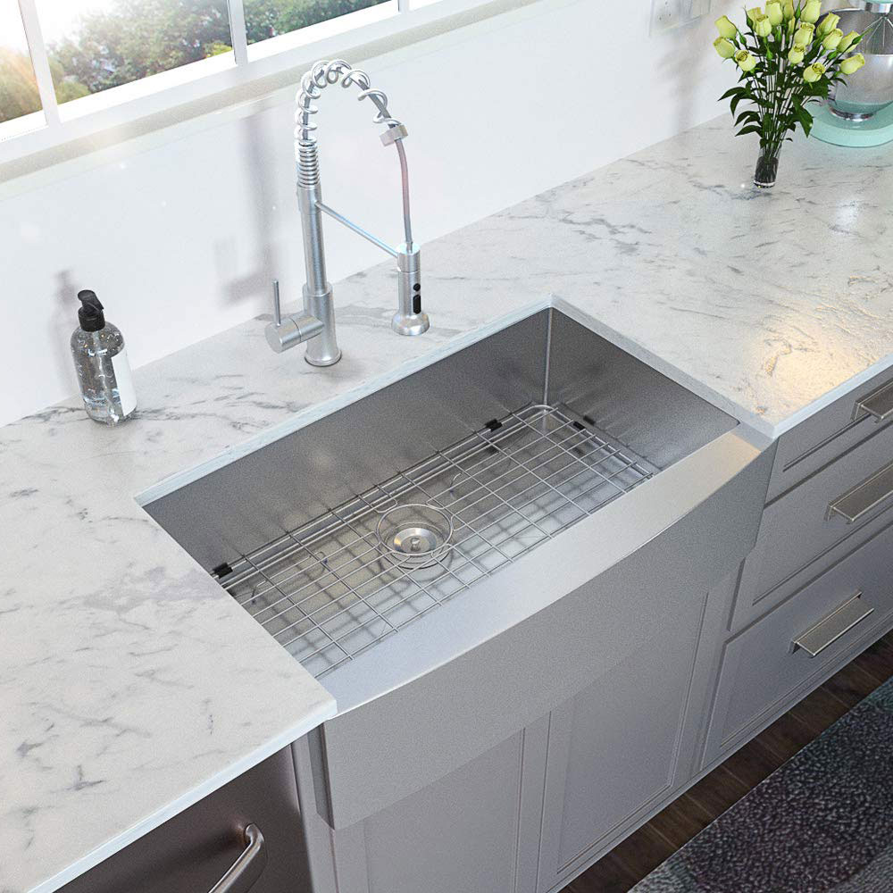 Stainless Steel Farmhouse Sink with Grid and Faucet